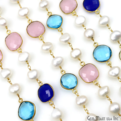 Rough Pearl Beads And Multi Stone Faceted Bezel Gold Plated 10-15mm Continuous Connector Chain