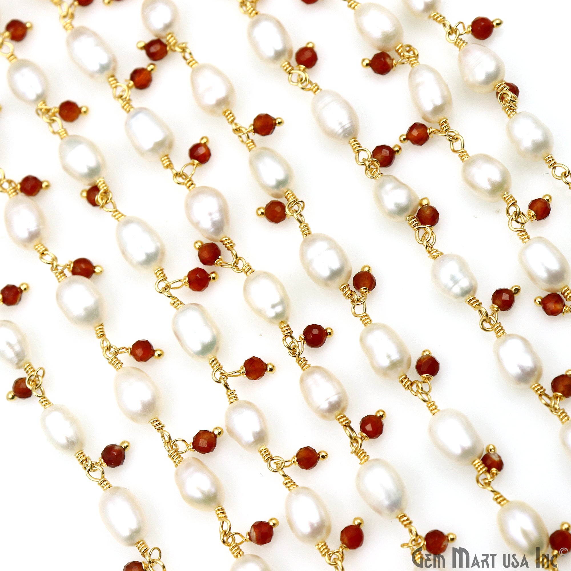 Pearl And Carnelian Faceted Beads Gold Wire Wrapped Beads Rosary Chain