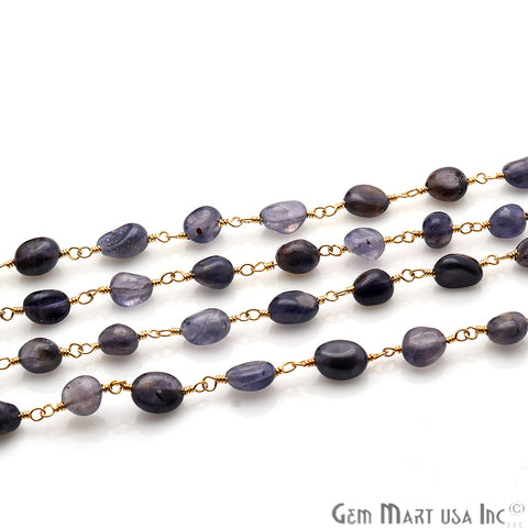 Iolite 6x4mm Organic Shape Gold Wire Wrapped Rosary Chain