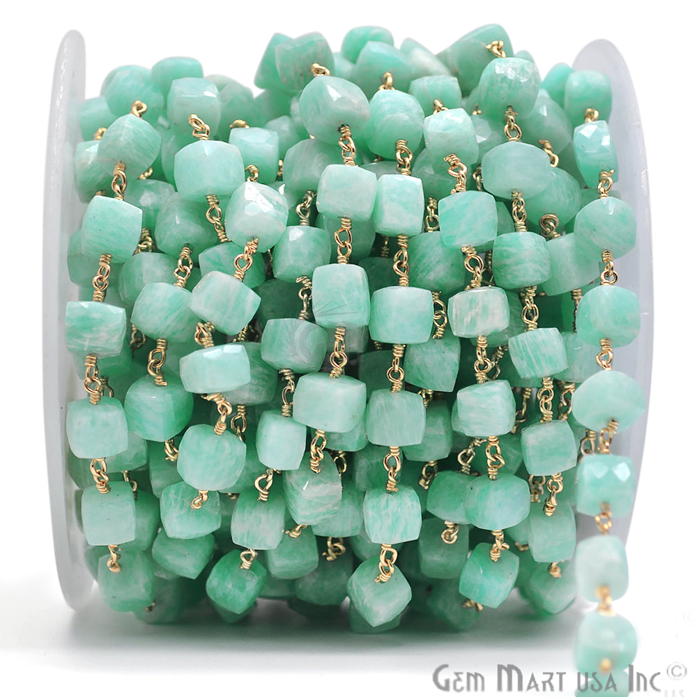 Amazonite Cube Gold Plated Wire Wrapped Beads Rosary Chain - GemMartUSA (762901659695)