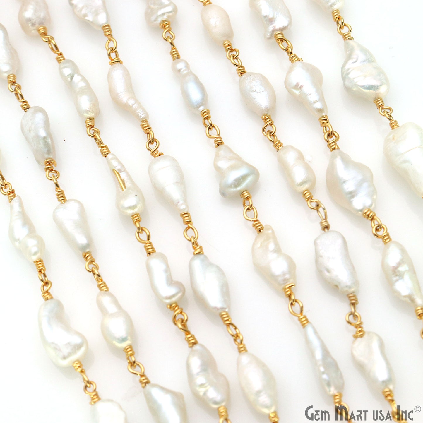 Pearl Free Form 14x8mm Gold Wire Wrapped Rosary Chain