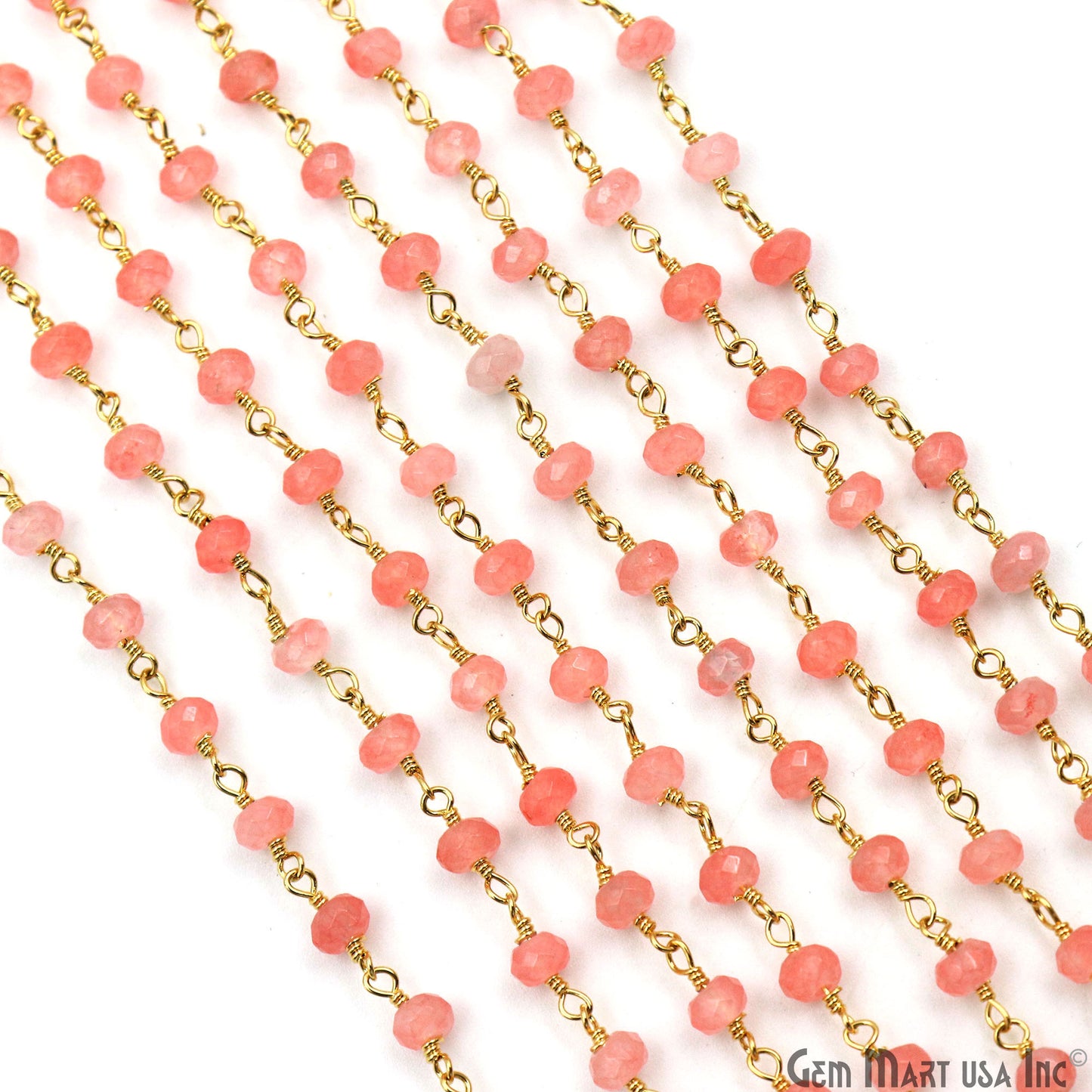 Pink Sunstone Jade Faceted Beads 4mm Gold Plated Gemstone Rosary Chain