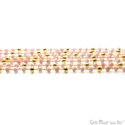 Pink Opal & Golden Pyrite Rondelle Bead Gold Rosary Chain