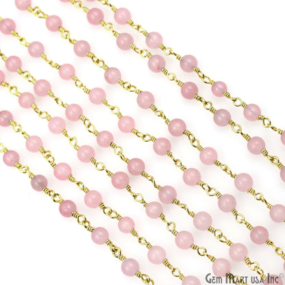 Pink Jade Cabochon 4mm Gold Wire Wrapped Rosary Chain