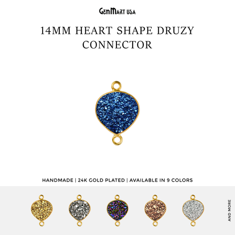 Natural Titanium Druzy 14mm Gold Double Bail Heart Gemstone Connector