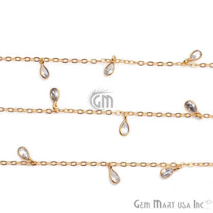 White Zircon Bezel Gold Plated Dangle Fancy Rosary Chain - GemMartUSA