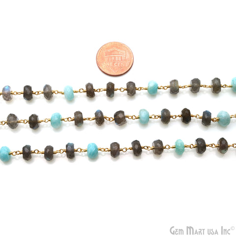 Labradorite With Amazonite Gold Plated Faceted Rondelle Beads Rosary Chain