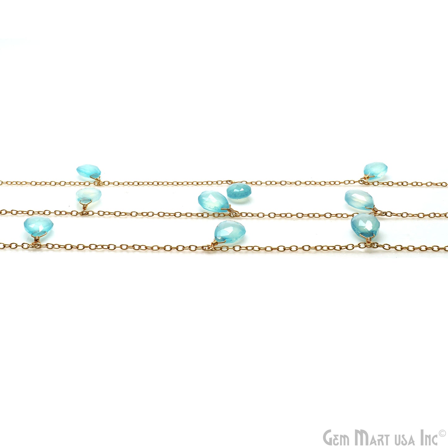 Aqua Chalcedony Pears Gold Wire Wrapped Connector Dangle Rosary Chain