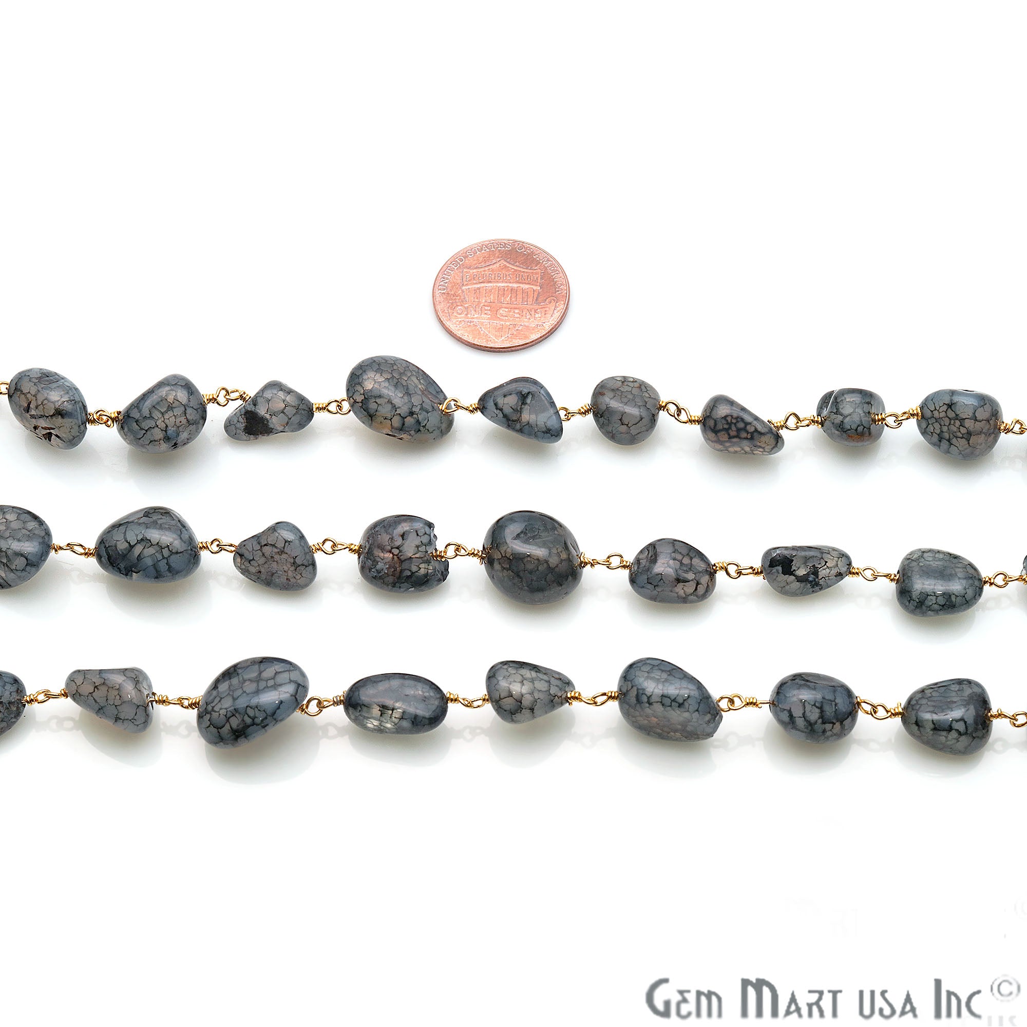 Black Crackle Quartz Tumble Beads Gold Plated Wire Wrapped Rosary Chain - GemMartUSA