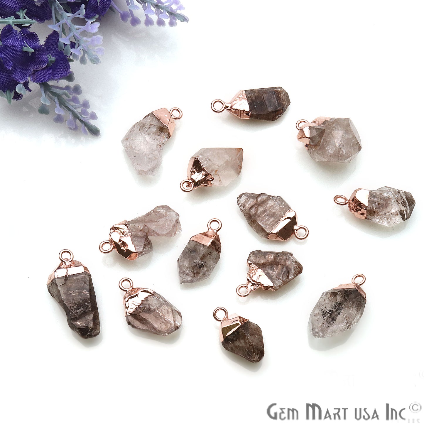 Rough Herkimer Diamond Organic 24x13mm Rose Gold Electroplated Pendant Connector - GemMartUSA