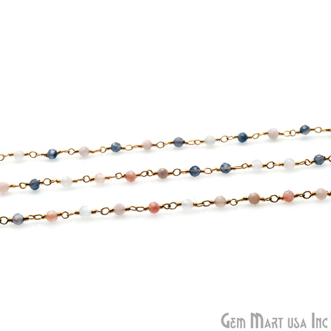 Multi Moonstone 3-3.5mm Gold Wire Wrapped Rosary Chain - GemMartUSA
