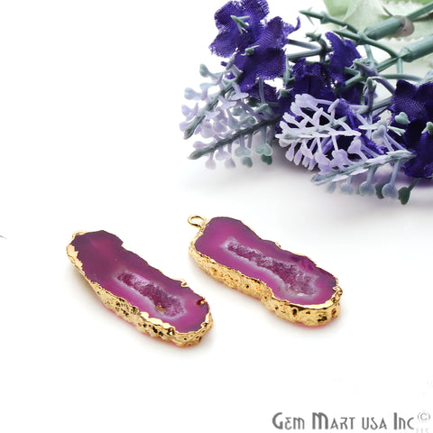 Agate Slice 42x12mm Organic Gold Electroplated Gemstone Earring Connector 1 Pair - GemMartUSA