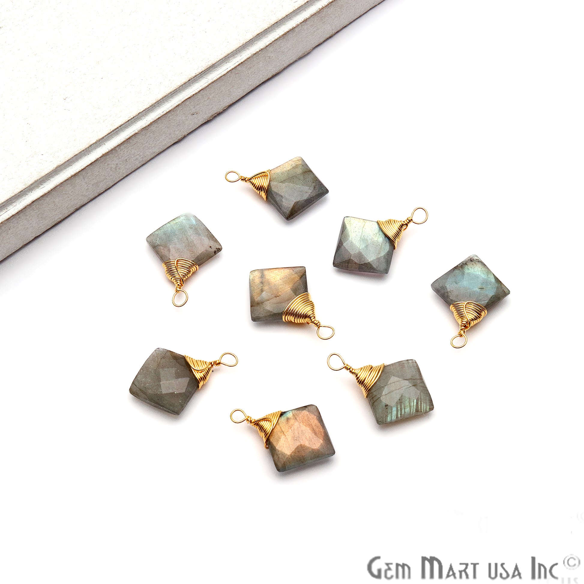 Labradorite Square 12mm Gold Plated Wire Wrapped Gemstone Connector - GemMartUSA