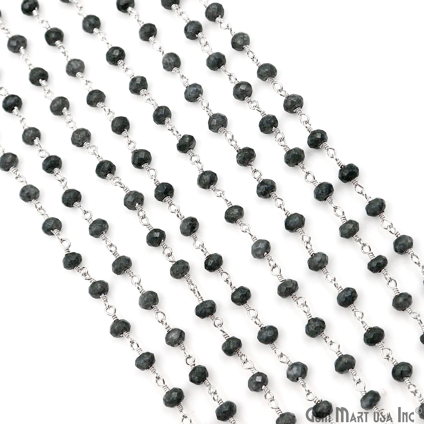 Gray Jade Faceted Beads 4mm Silver Plated Gemstone Rosary Chain