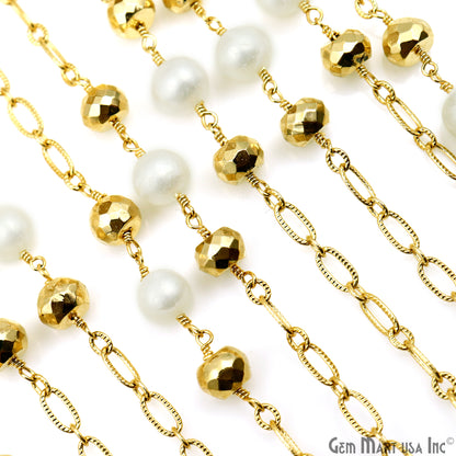 Golden Pyrite & Pearl Round Beads Gold Plated Finding Rosary Chain