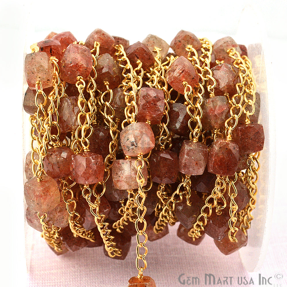 Strawberry Quartz Beads Chain, Gold Plated Wire Wrapped Rosary Chain - GemMartUSA (763698413615)