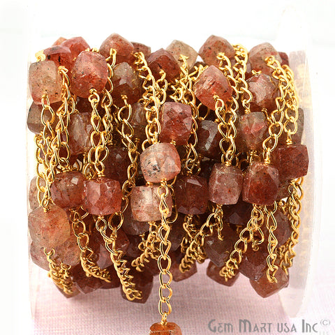 Strawberry Quartz Beads Chain, Gold Plated Wire Wrapped Rosary Chain - GemMartUSA (763698413615)