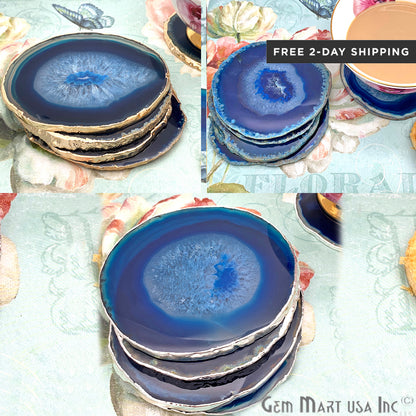 Blue Agate Coaster, Coaster Set, Rock Coaster,Agate Slice Drink Coaster - GemMartUSA