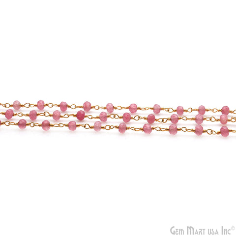 Pink Jade 4mm Faceted Beads Gold Wire Wrapped Rosary Chain