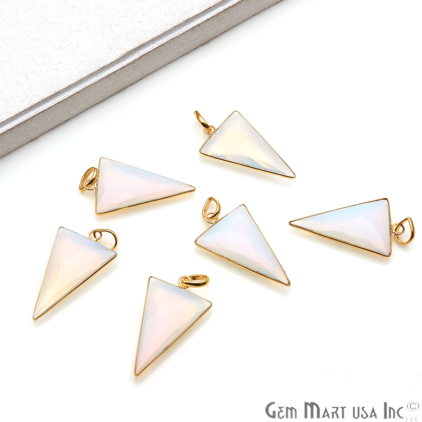 White Opal Triangle 21x35mm Gold Plated Single Bail Gemstone Pendant - GemMartUSA