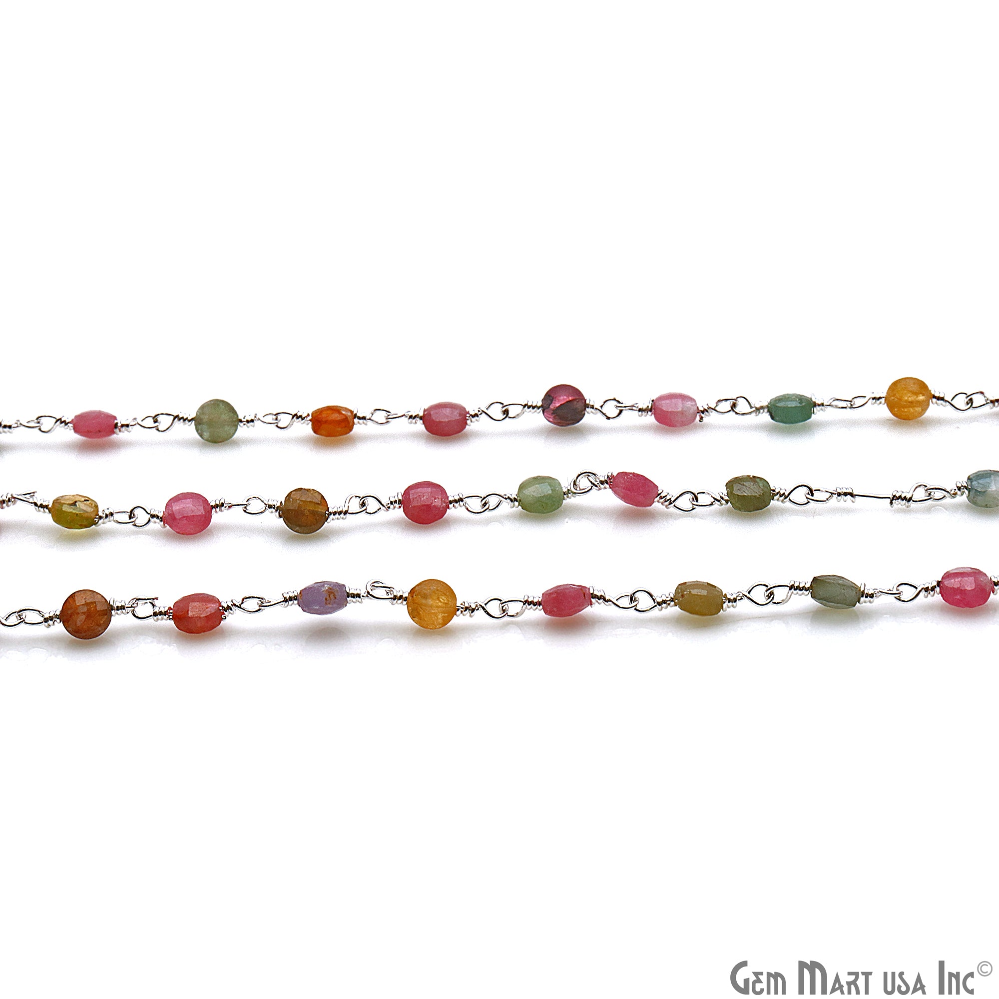 Multi Tourmaline Faceted 3-4mm Silver Wire Wrapped Rosary Chain - GemMartUSA