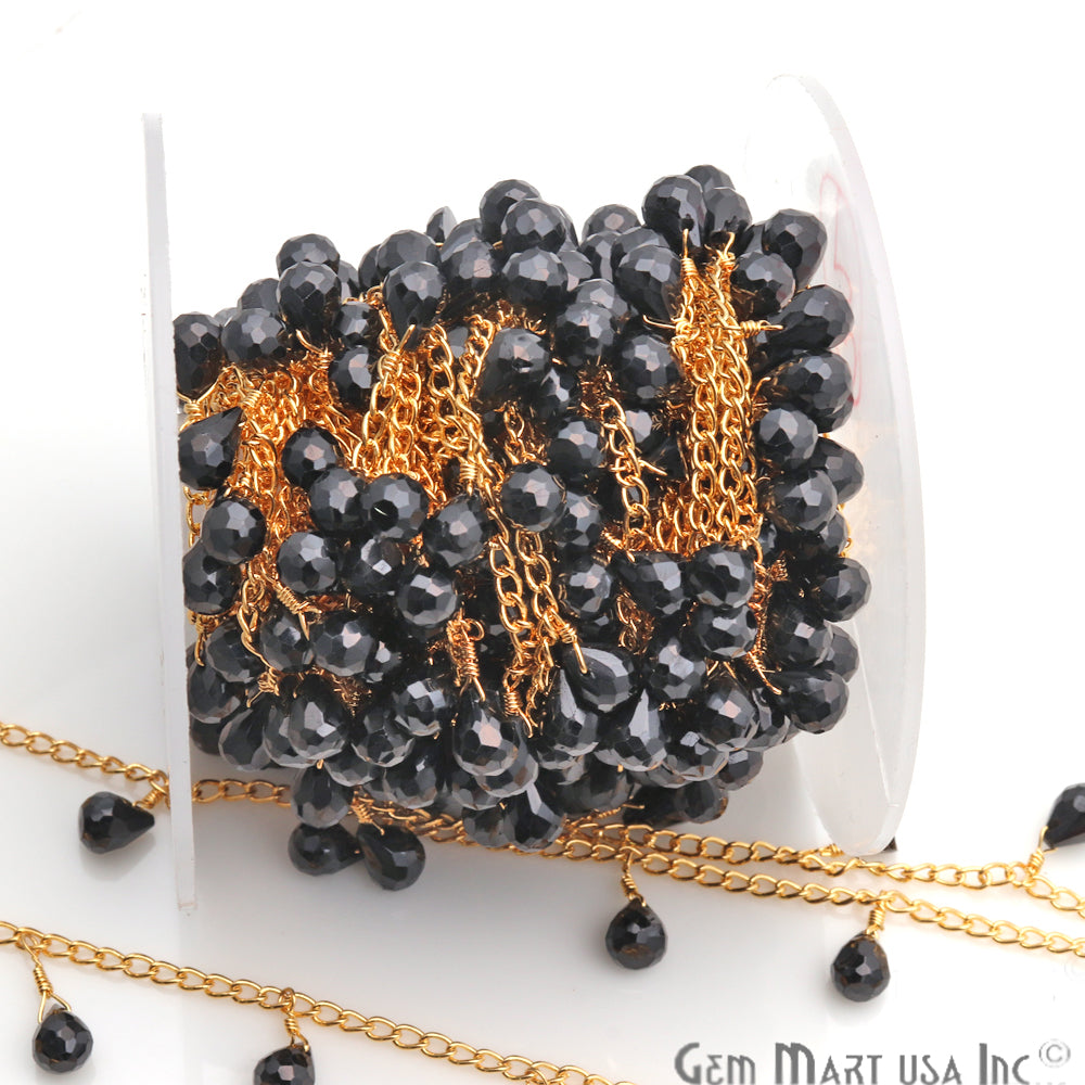 Black Spinel Beaded Gold Wire Wrapped Dangle Rosary Chain - GemMartUSA