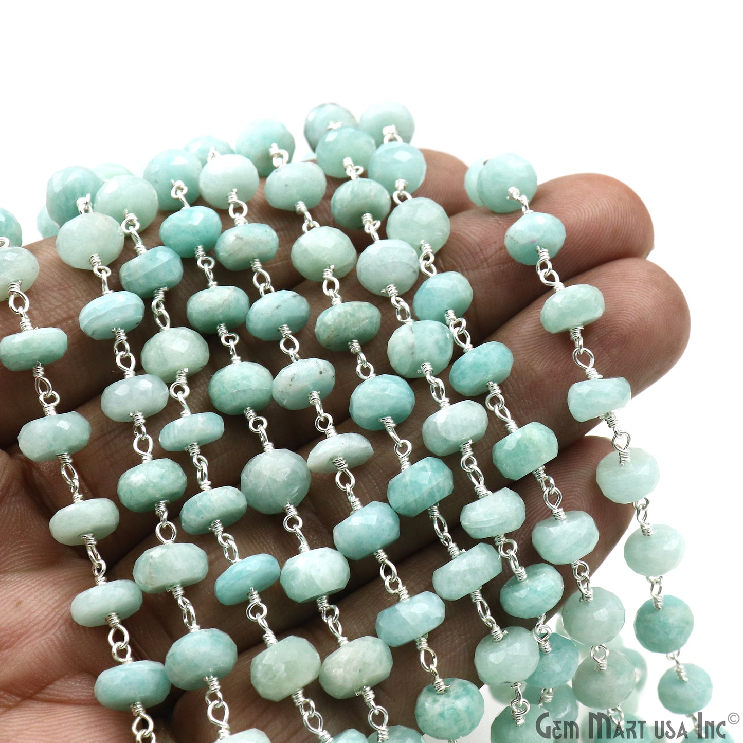 Amazonite 8-9mm Silver Plated Faceted Rondelle Beads Wire Wrapped Rosary Chain