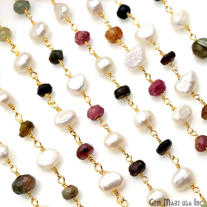 Multi Tourmaline & Freshwater Pearl Gold Plated Wire Wrapped Rosary Chain