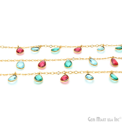 Pink Tourmaline, Apatite, Blue Topaz Pears Gold Plated Bezel Connector Dangle Rosary Chain