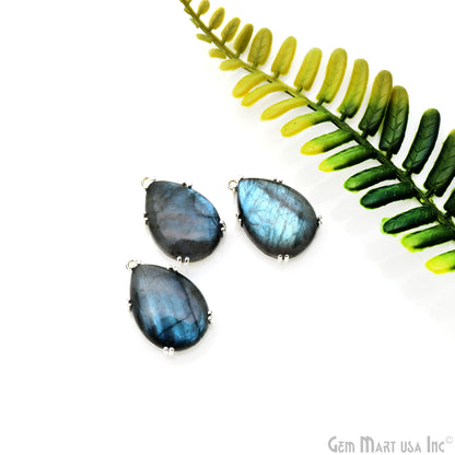 Flashy Labradorite Cabochon 28x17mm Pears Prong Silver Setting Single Bail Gemstone Connector