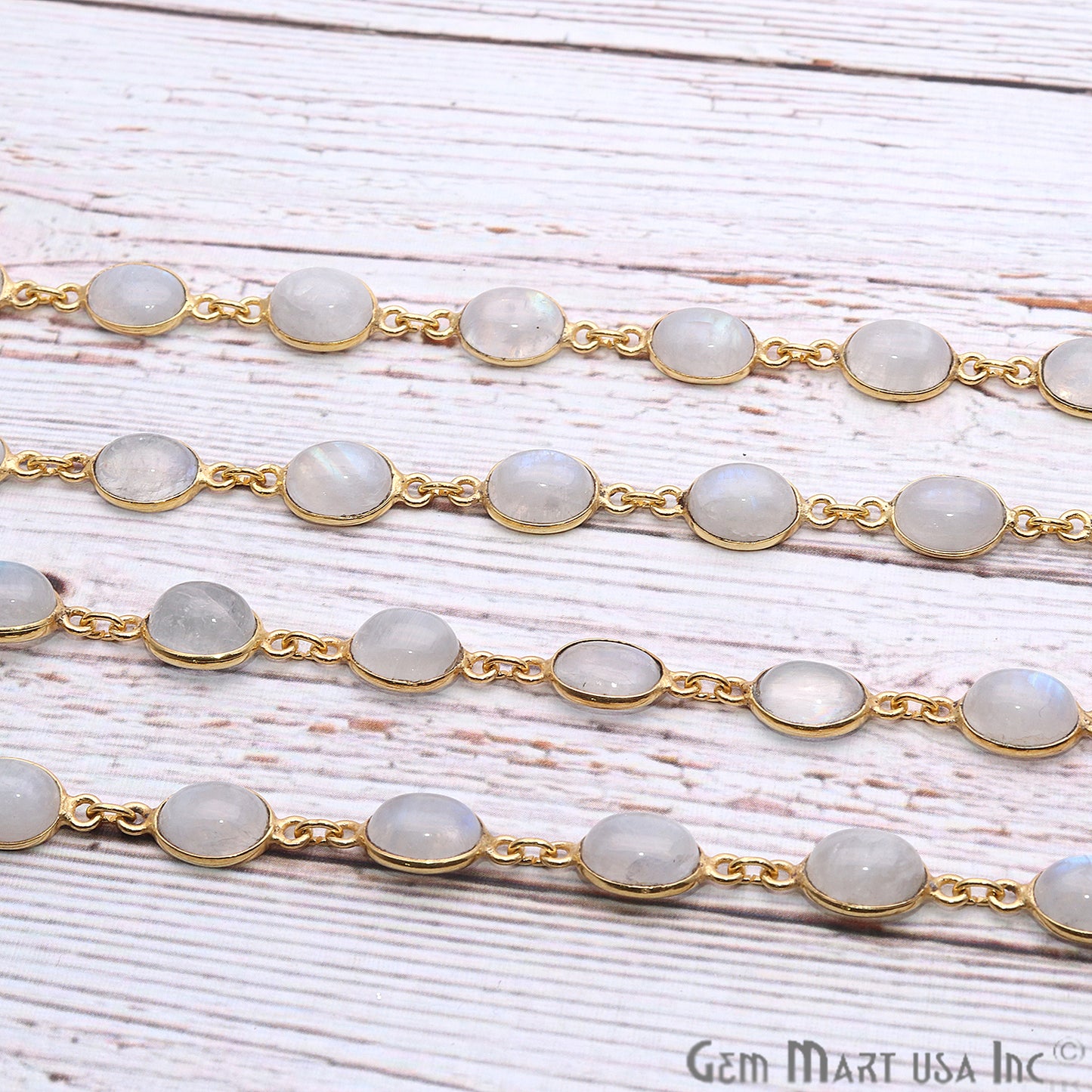 Rainbow Moonstone Cabochon 7x9mm Oval Gold Continuous Connector Chain - GemMartUSA