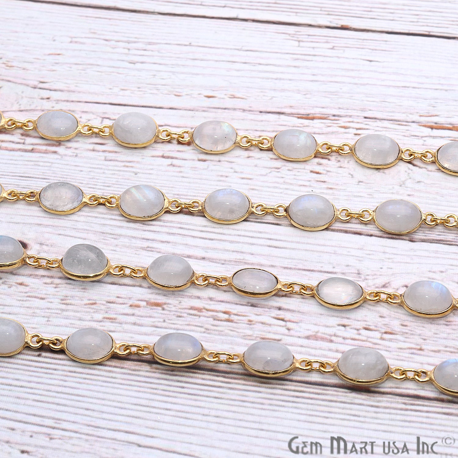 Rainbow Moonstone Cabochon 7x9mm Oval Gold Continuous Connector Chain - GemMartUSA