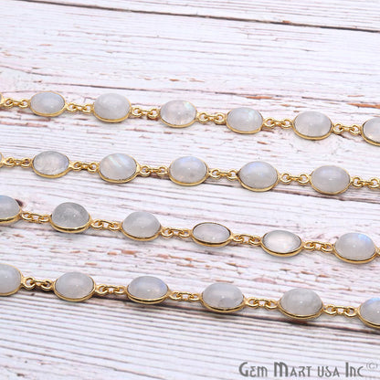 Rainbow Moonstone Cabochon 7x9mm Oval Gold Continuous Connector Chain - GemMartUSA