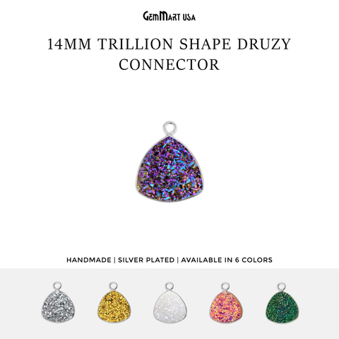 Natural Titanium Druzy 14mm Trillion Silver Plated Single Bail Bezel Gemstone Connector