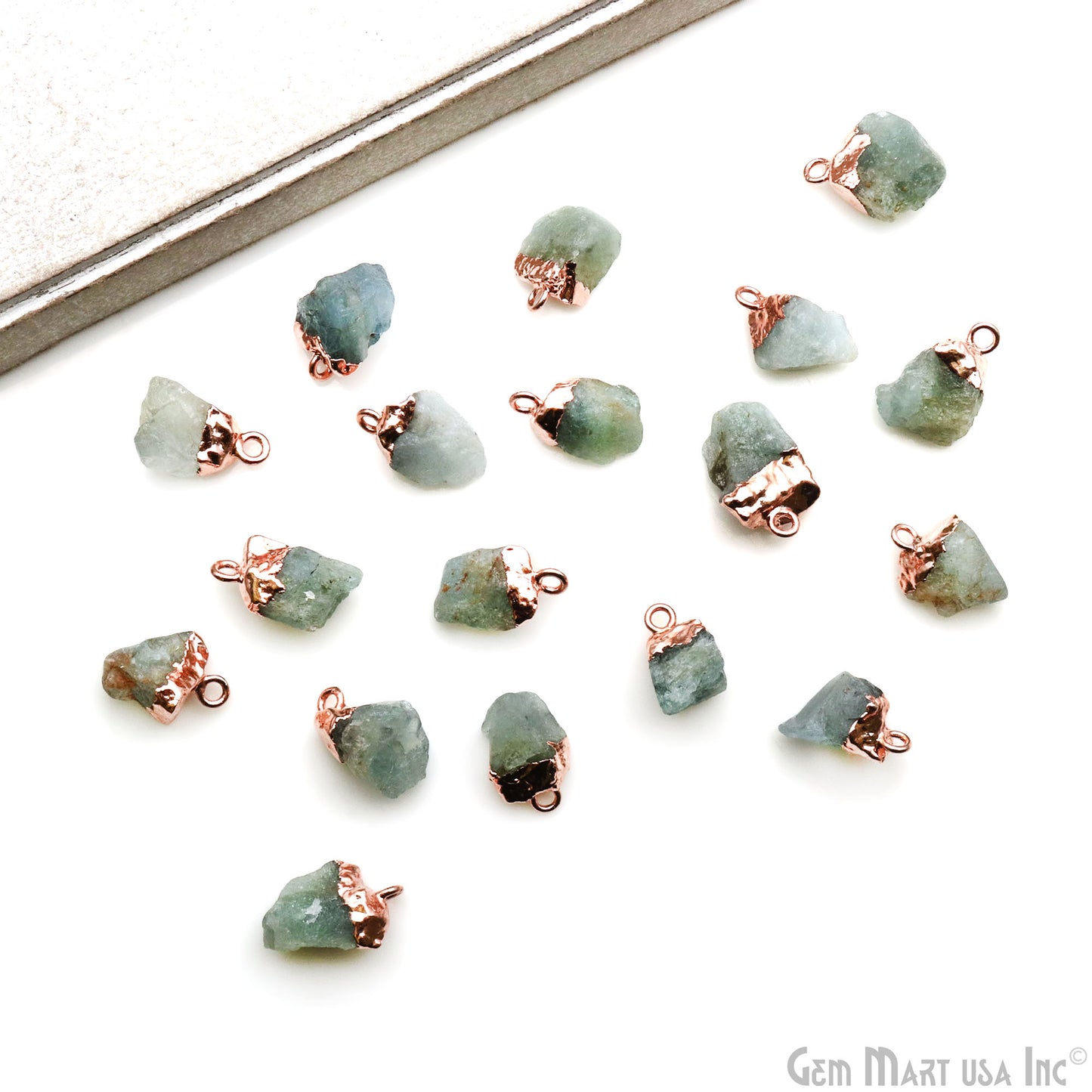 Rough Aquamarine Gemstone 15x10mm Organic Rose Gold Edged Single Bail Connector Charm