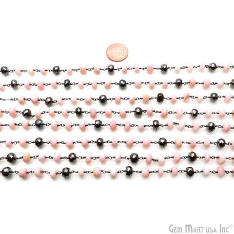 Pink Opal & Black Pyrite Rondelle Bead Oxidized Wire Wrapped Rosary Chain