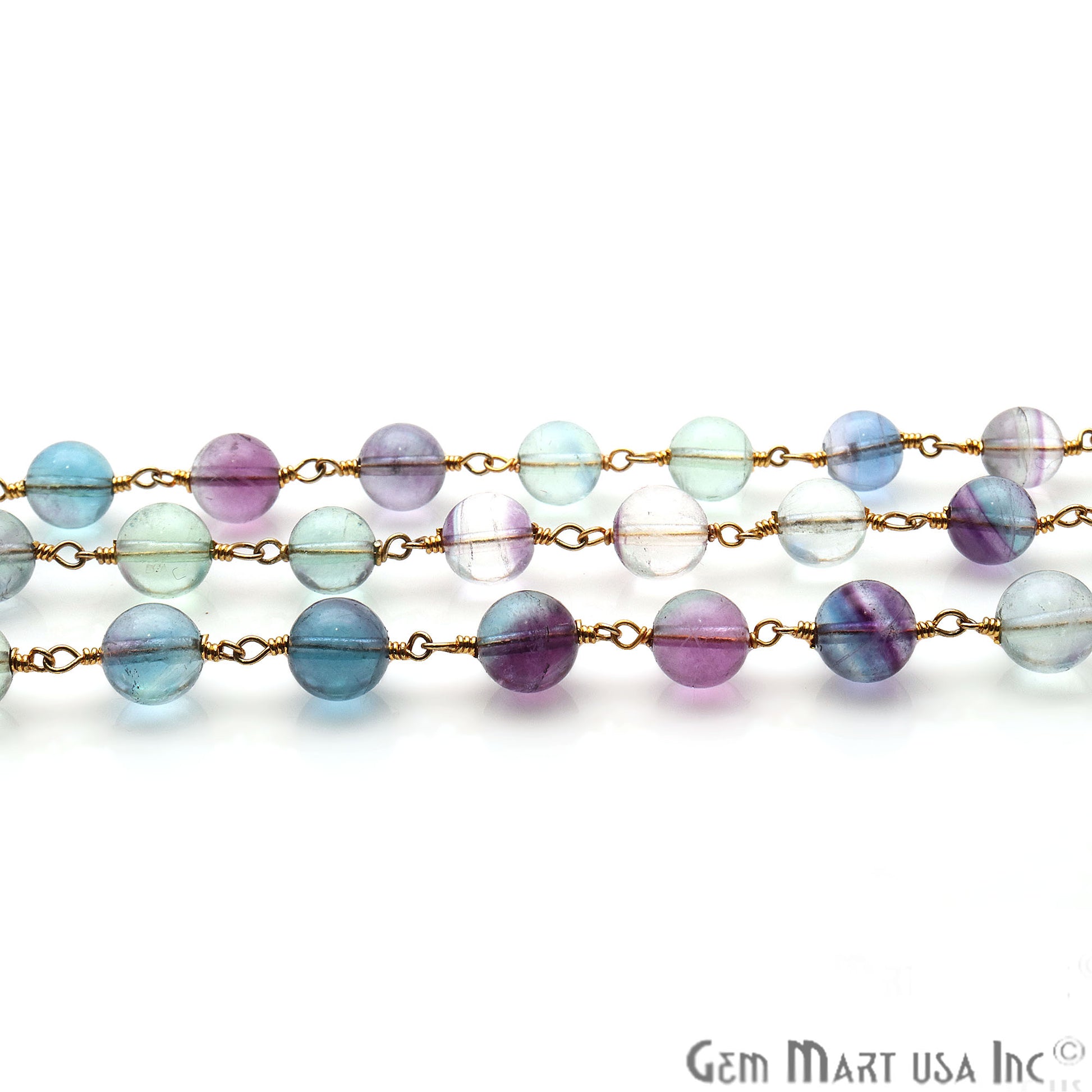 Fluorite 7-8mm Gold Plated Wire Wrapped Rondelle Rosary Chain - GemMartUSA