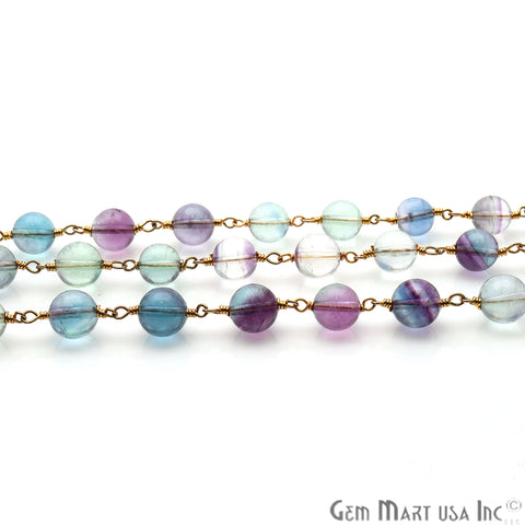 Fluorite 7-8mm Gold Plated Wire Wrapped Rondelle Rosary Chain - GemMartUSA