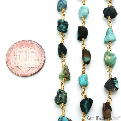 Chrysocolla 6x8mm Free Form Beads Gemstone Gold Wire Wrapped Rosary Chain