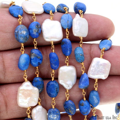 Lapis Tumble Beads 8x5mm & Pearl 12mm Beads Gold Plated Rosary Chain