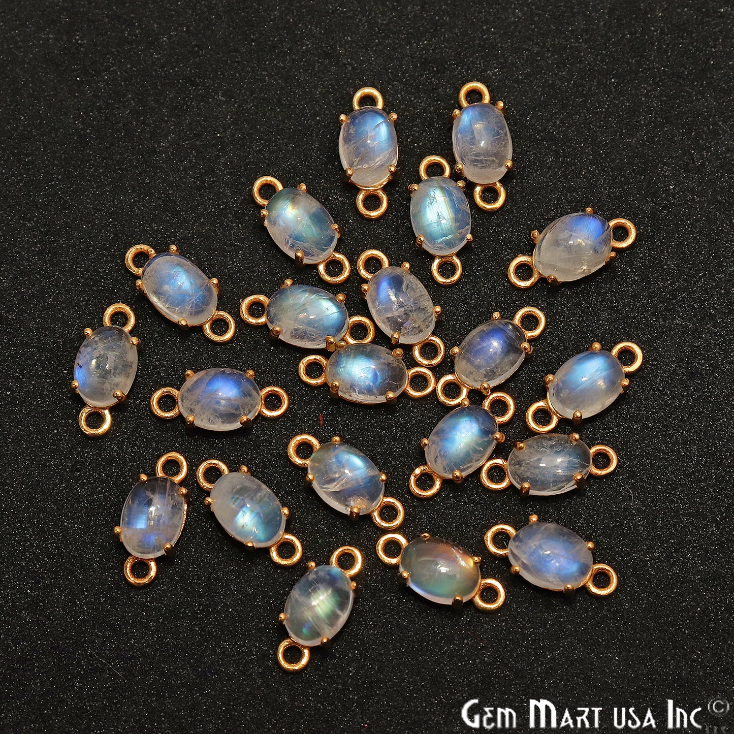 Rainbow Moonstone Cabochon 11x5mm Oval Prong Gold Plated Bail Connector - GemMartUSA