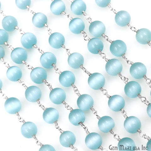 Blue Monalisa Smooth Beads 8mm Silver Plated Wire Wrapped Rosary Chain