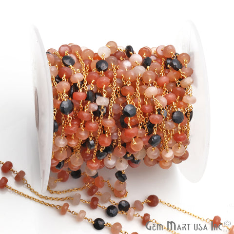 Black Spinel 6mm Sunstone 6-7mm Beaded Gold Plated Wire Wrapped Rosary Chain - GemMartUSA