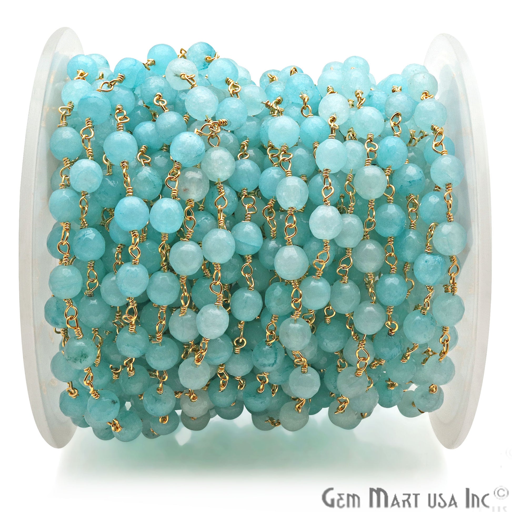 Turquoise Green Jade Faceted Beads 6mm Gold Wire Wrapped Rosary Chain - GemMartUSA