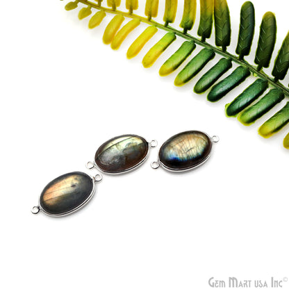 Flashy Labradorite Cabochon 13x20mm Oval Double Bail Silver Plated Gemstone Connector