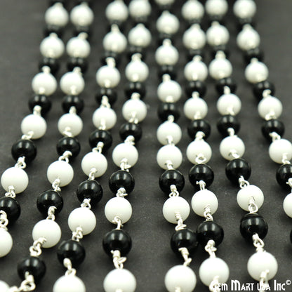 Black Spinel & White Agate 6mm Silver Plated Smooth Beads Wire Wrapped Rosary Chain