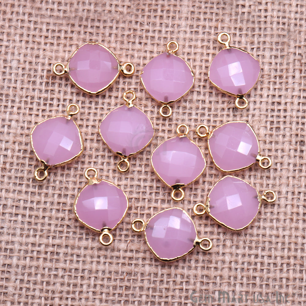 Rose Chalcedony 14mm Cushion Gold Electroplated Double Bail Gemstone Connector - GemMartUSA