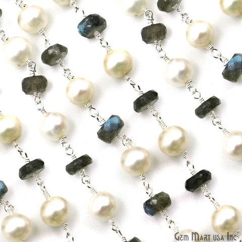 Labradorite & Pearl 7-8mm Faceted Beads Silver Plated Wire Wrapped Rosary Chain
