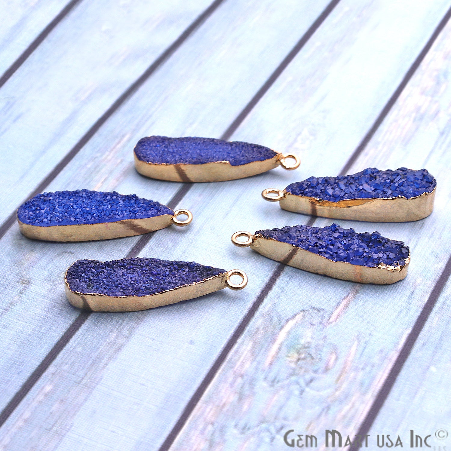 Blue Druzy Long Drop 24x8mm Gold Electroplated Single Bail Connector - GemMartUSA