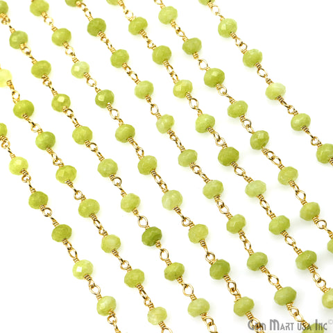 Light Green Jade Faceted Beads 4mm Gold Plated Wire Wrapped Rosary Chain